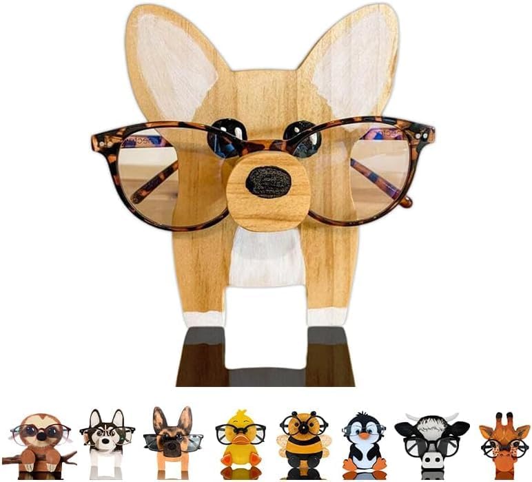 HyeeArt Wooden Animal Glasses Holder , Newsukie - Cute Solid Pine Wood Eyeglasses Stand,Carving Sunglasses Eyeglass Display Stand,Newsukie Creative Gift Glasses Holder for Desk (Flowers Highland Cow) (Dog-1) - Image 1